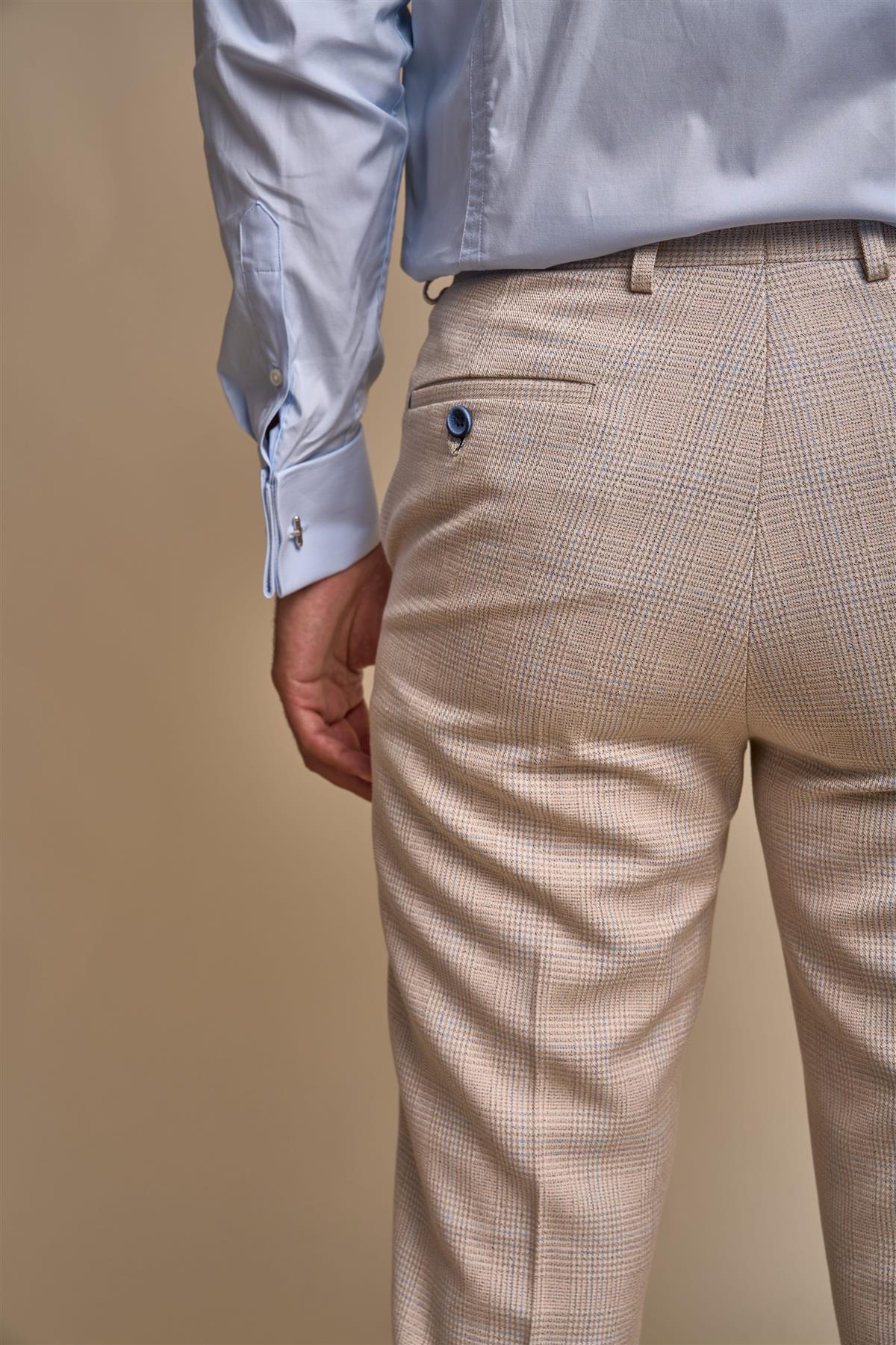 CARIDI BEIGE CHECK SLIM FIT TROUSERS