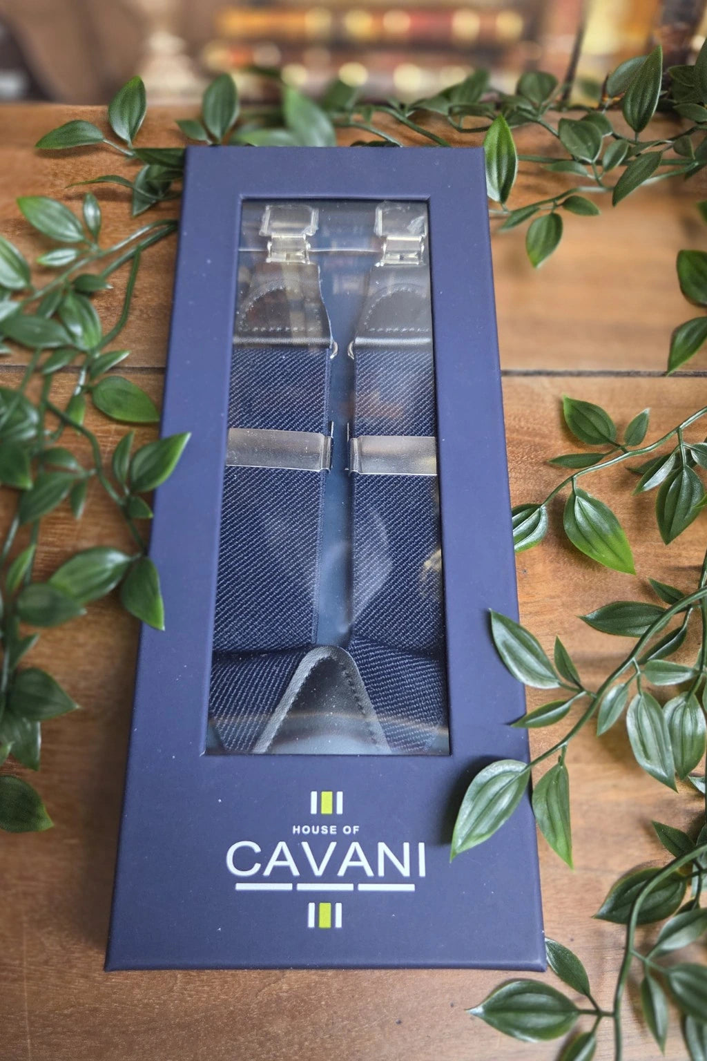 A pair of navy blue woven neckties in a dark blue presentation box with a clear window, placed on a wooden surface and framed by green leaves. The box is branded 'HOUSE OF CAVANI'.