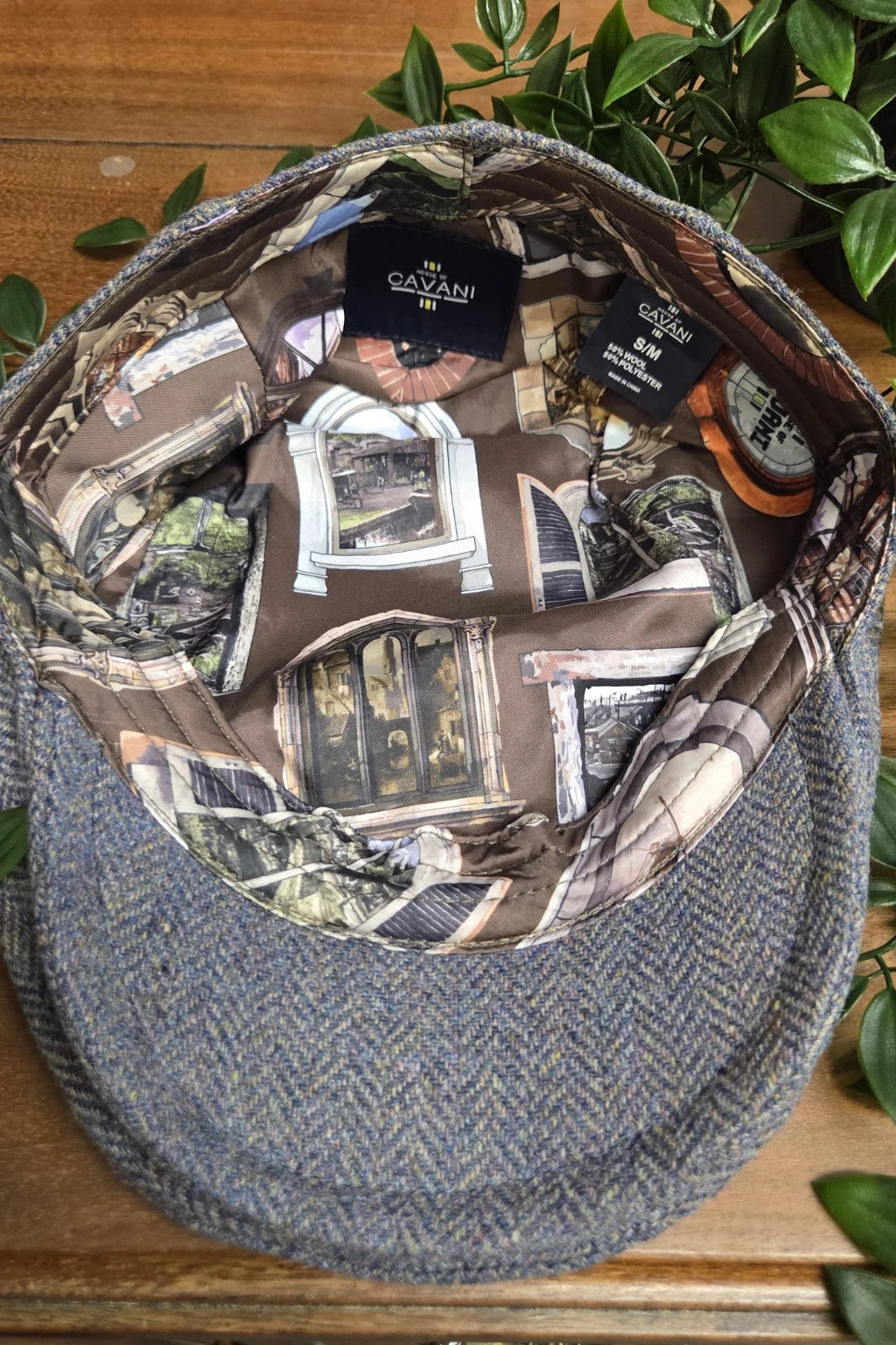 Cavani Thomas Savoy Grey Tweed Flat Cap showing patterned interior lining