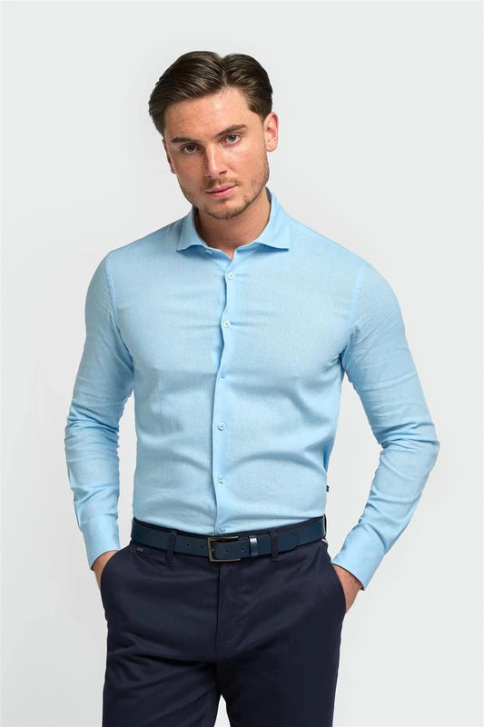 Cavani Matera sky blue shirt for men, slim fit, perfect for weddings, formal events, and special occasions.