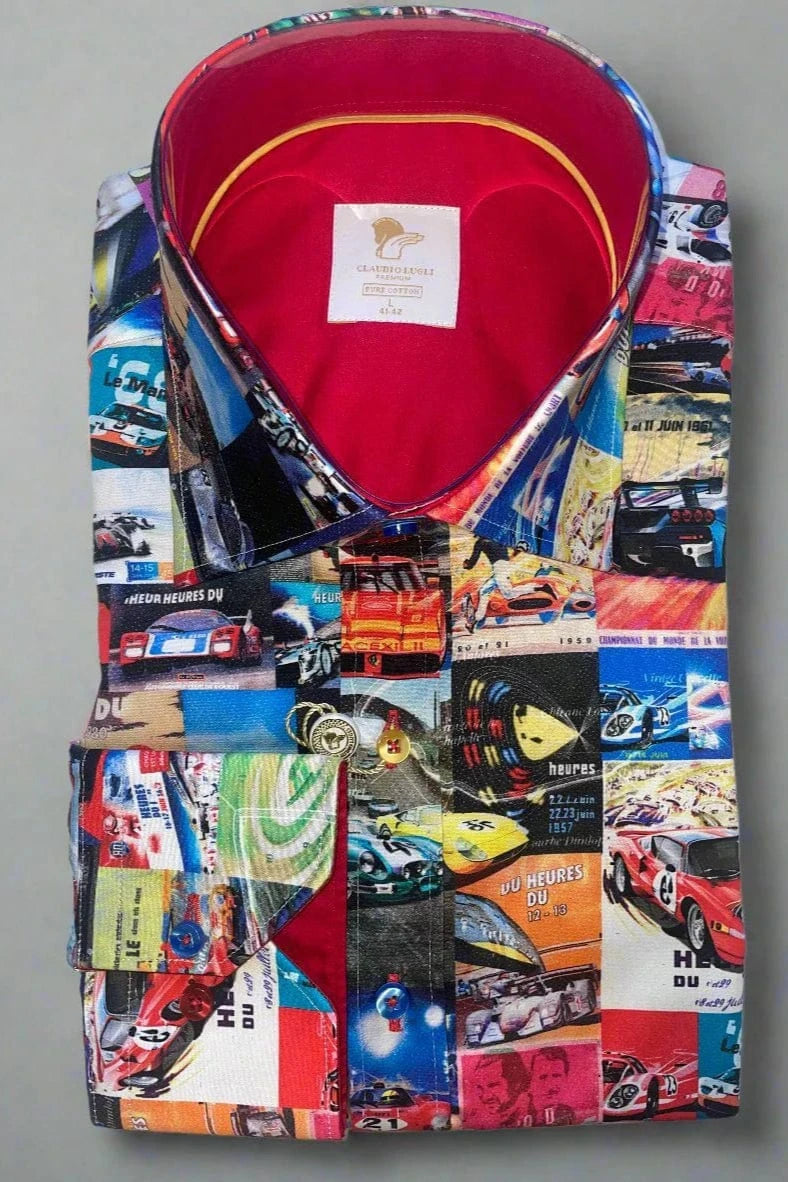 Claudio Lugli Le-Mans Colorful shirt with car pattern against a grey background