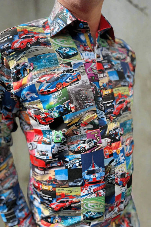 Colorful shirt with Le-mans car-themed pattern worn by a person