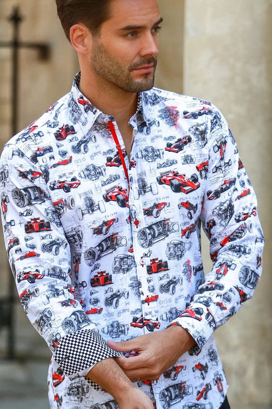 Man wearing a Claudio Lugli pit lane F1 shirt with Formula one car pattern standing outdoors.
