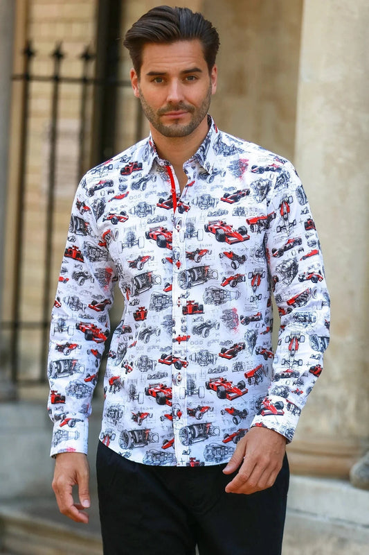 Man wearing a Claudio Lugli pit lane F1 shirt with Formula one car pattern standing outdoors.