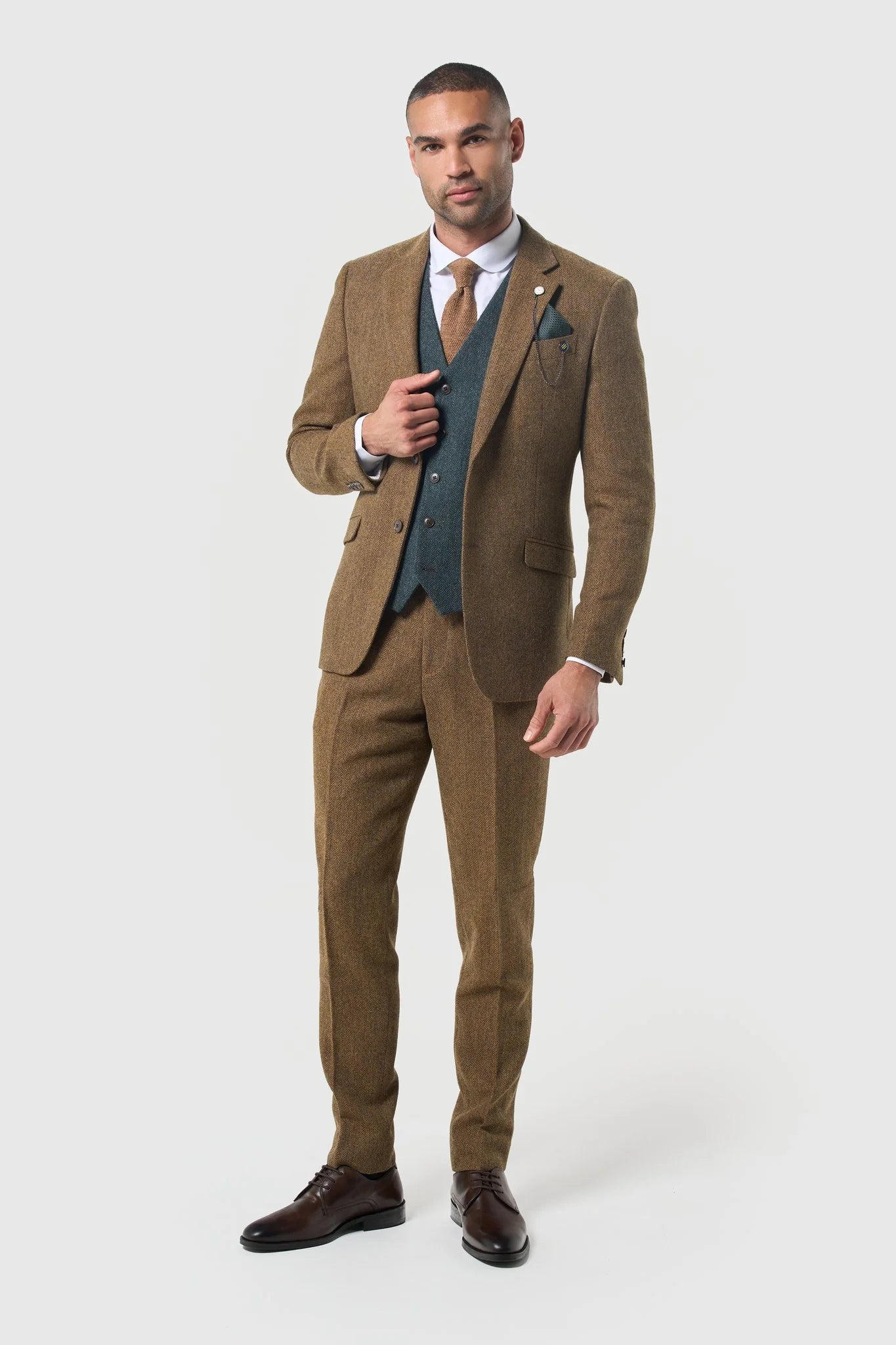 Cavani Thomas Brown Tweed Three Piece Suit with Olive Waistcoat