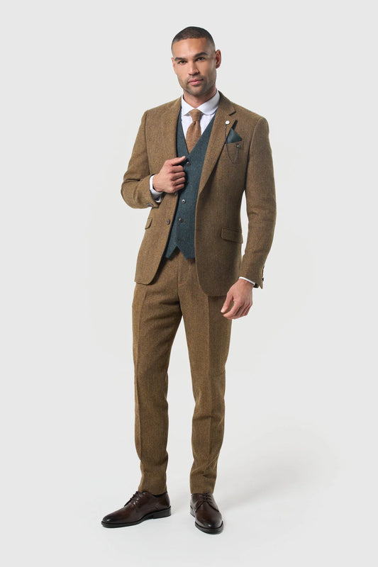 Cavani Thomas Brown Tweed Three Piece Suit with Olive Waistcoat