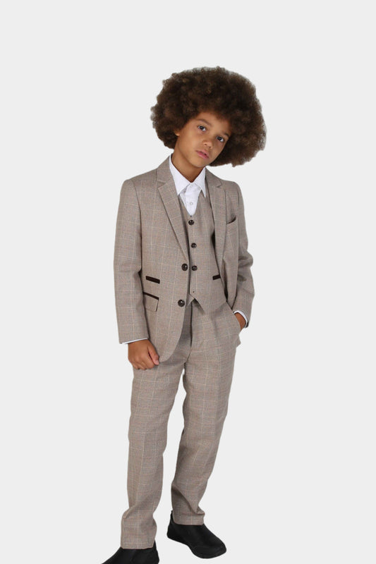 HOLLAND BOYS BEIGE TWEED CHECK 3 PIECE SUIT