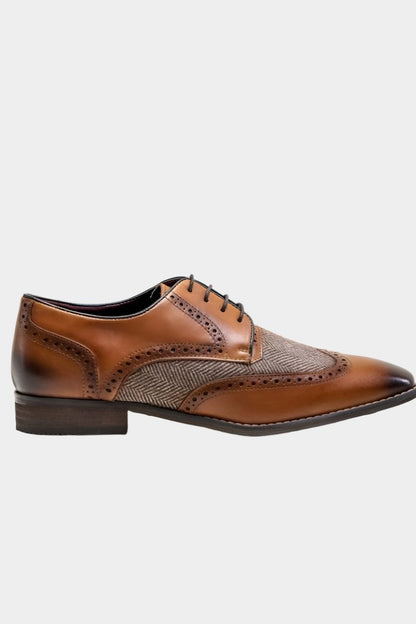 FARO TAN LEATHER BROGUE TWEED CONTRAST SHOES