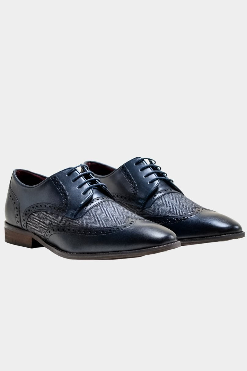 FARO NAVY LEATHER BROGUE TWEED CONTRAST SHOES