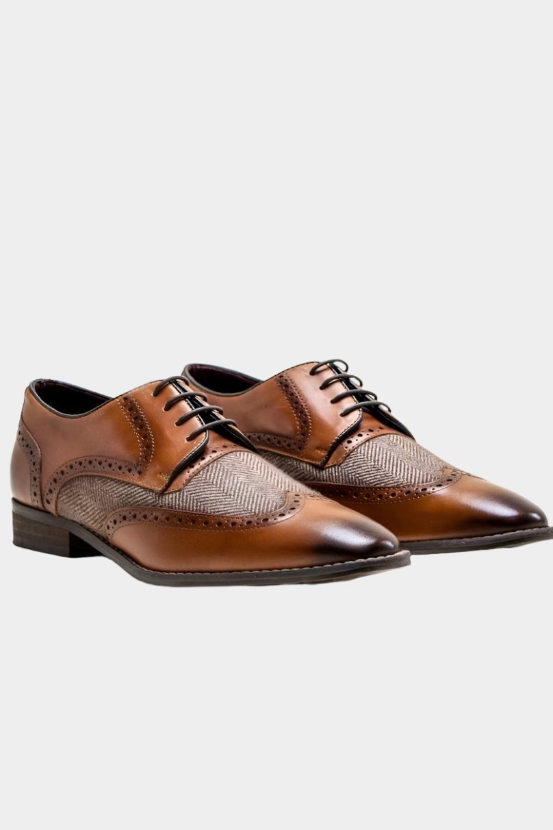 FARO TAN LEATHER BROGUE TWEED CONTRAST SHOES